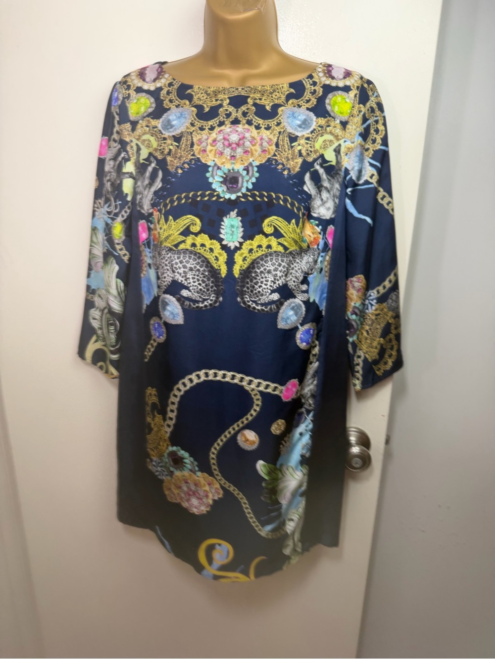 Tibi Blue Silk Scarf Animal & Jewel Print Luxury Designer Shift Dress 2*FLAW* - Picture 4 of 16